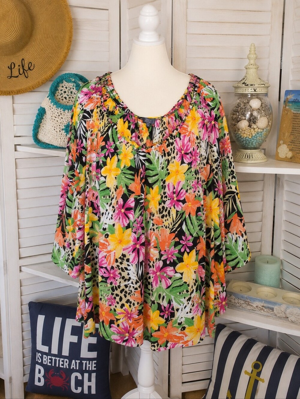 Ninety Clothing Co Floral On Off Shoulder‎ Tunic Wide Sleeves SZ 1X